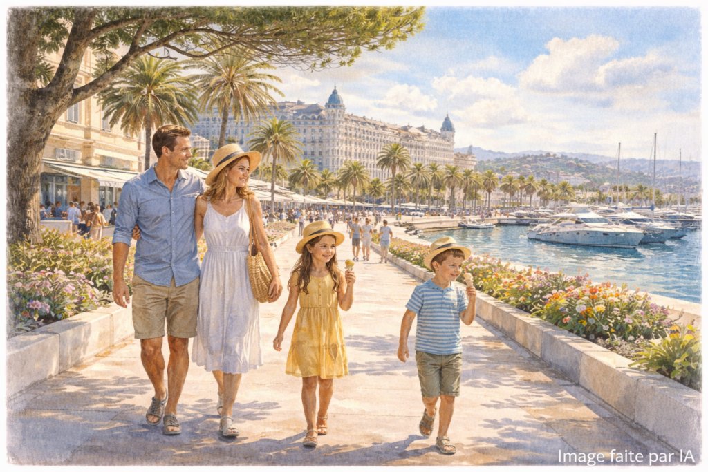 Famille se promenant sur la Croisette à Cannes, palmiers, yachts et Méditerranée sous une lumière douce et ensoleillée.