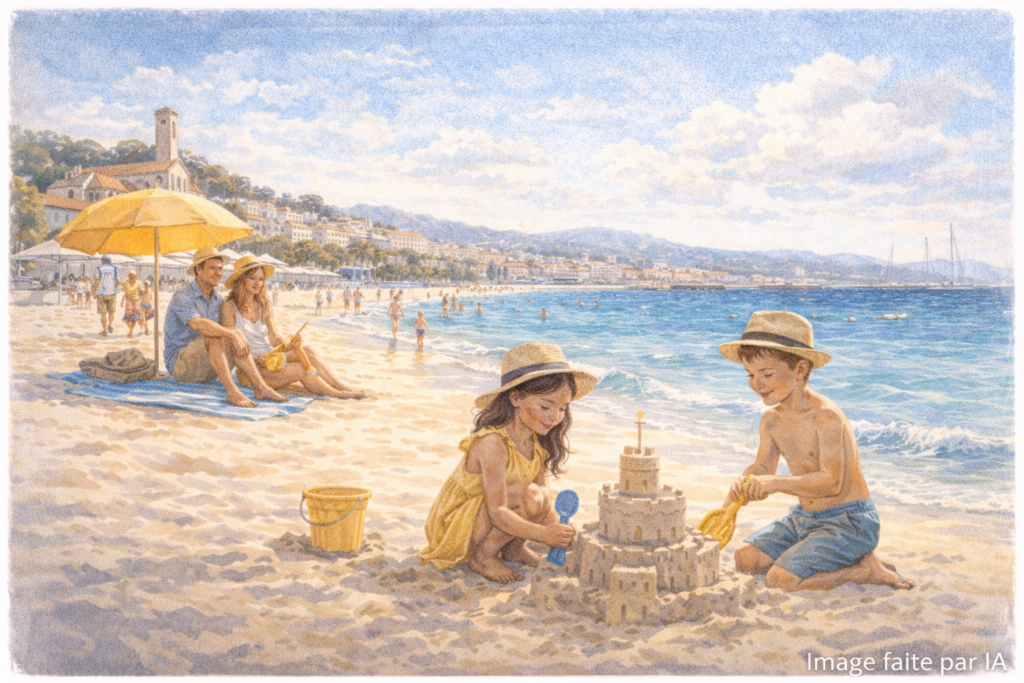 Plage de sable fin — Moment de détente et jeux sur la plage, idéale pour des vacances et activités à Cannes en famille.