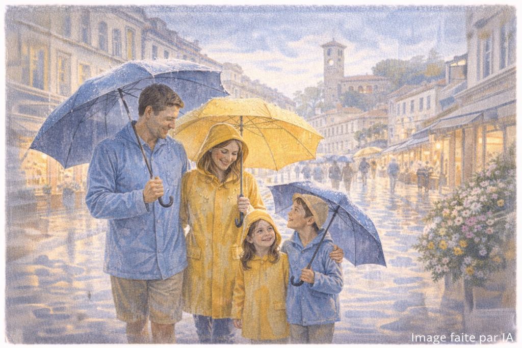 Jour de pluie en ville — Exploration urbaine malgré la pluie, une expérience authentique parmi les activités à Cannes en famille.