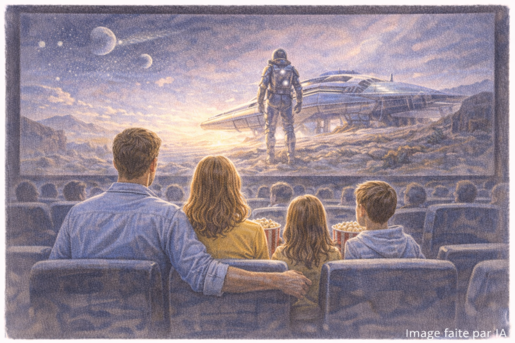 Famille installée dans des fauteuils confortables, pop-corn à la main. Elle est dans le Cinéum de Cannes.