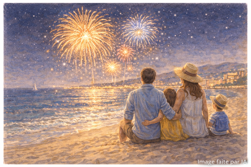 Feu d’artifice nocturne — Soirée animée au bord de la mer avec un feu d’artifice, souvenir magique d’activités à Cannes en famille.