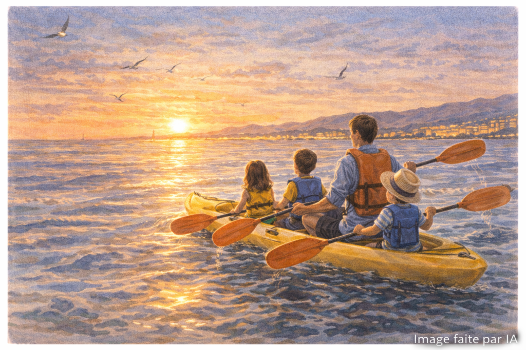 Kayak au coucher du soleil — Balade en kayak sur la mer au coucher du soleil, l’une des plus belles activités à Cannes en famille.