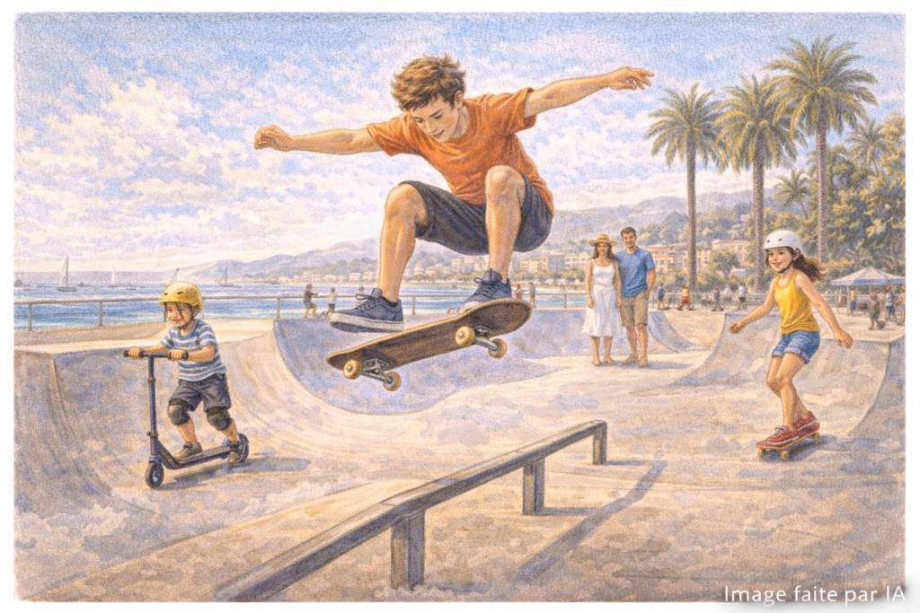 Skateboard en action — Session de skate dynamique, parfaite pour les jeunes cherchant des activités sportives à Cannes en famille.