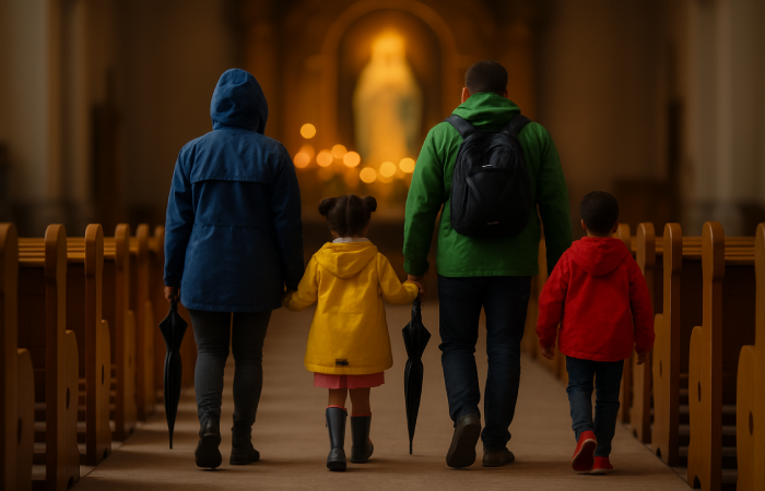L’église Notre-Dame de l’Espérance : Allée centrale de l’église, vide, avec ambiance calme et réconfortante.