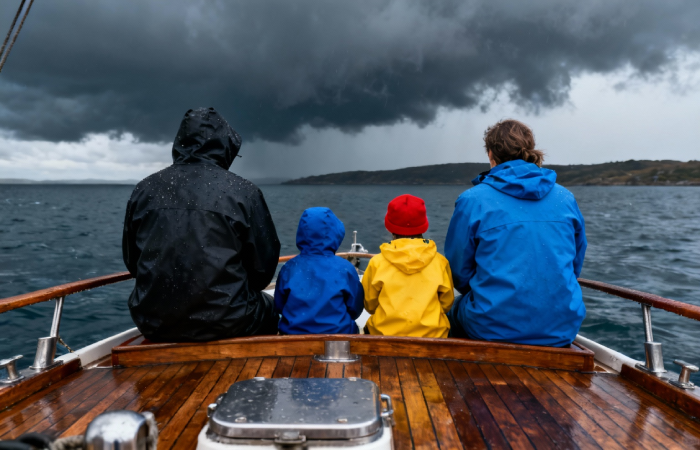 Famille sur un bateau en direction de l’île Sainte-Marguerite, sur une mer calme.