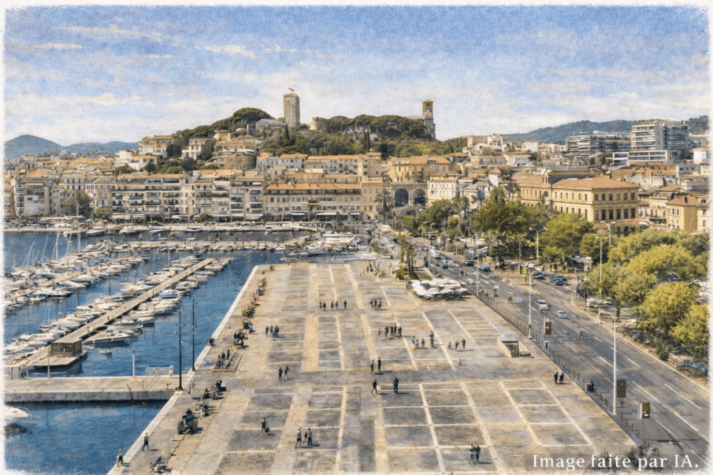 Vue aérienne du port et du centre, proche de la promenade de la Croisette à Cannes