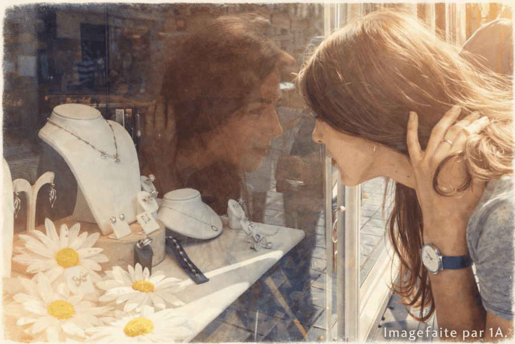 Femme observant une vitrine de bijoux lors d’une promenade de la Croisette à Cannes