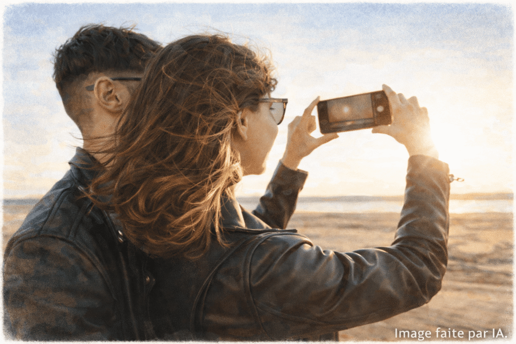 ouple photographiant le coucher de soleil depuis la Promenade de la Croisette à Cannes.
