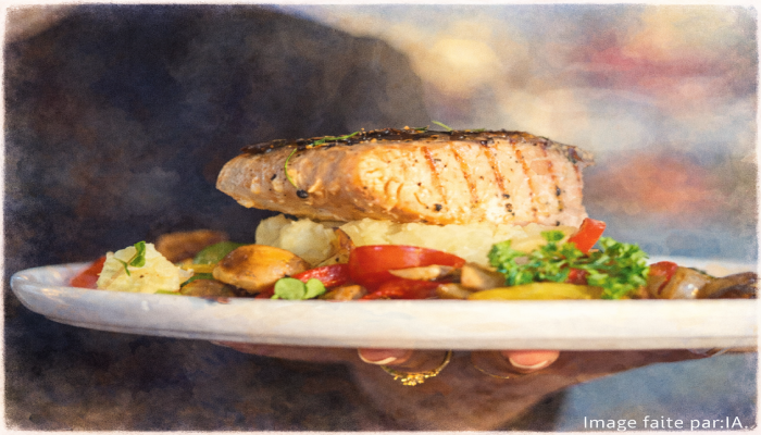 Plat gastronomique servi dans un restaurant installé sur la Promenade de la Croisette à Cannes avec saumon grillé et légumes.