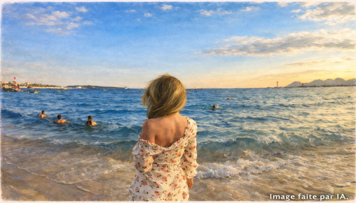 Femme admirant la mer au coucher du soleil sur la Promenade de la Croisette à Cannes