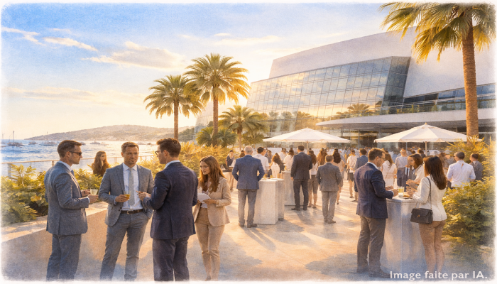 Professionnels échangeant et réseautant lors d’un événement au Palais des Festivals et des Congrès de Cannes