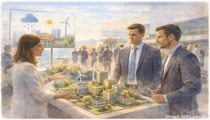 Professionnelles de l’immobilier présentant un projet durable au Palais des Festivals et des Congrès de Cannes