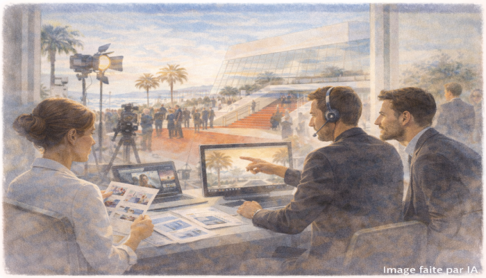 Équipe de production cinématographique préparant un projet au Palais des Festivals et des Congrès de Cannes