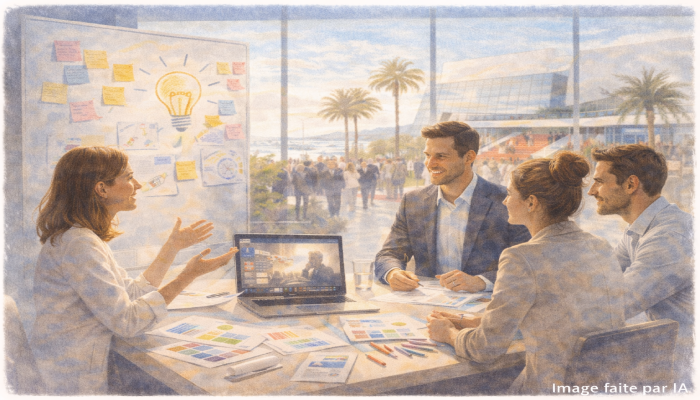 Équipe marketing en réunion créative au Palais des Festivals et des Congrès de Cannes