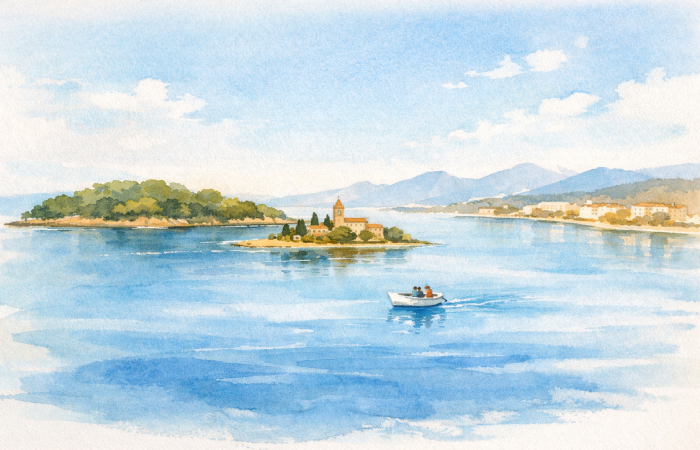 Vue aquarelle des ïles de lérins à Cannes entre mer calme, bateau et côte méditerranéenne