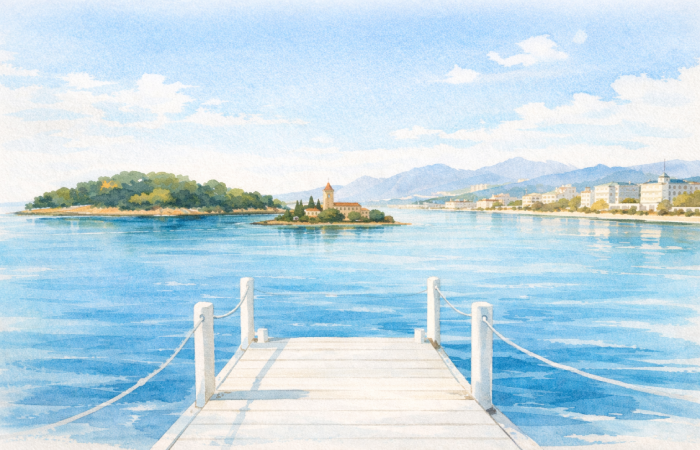 Vue depuis un ponton à Cannes vers les ïles de lérins, mer calme et îles proches