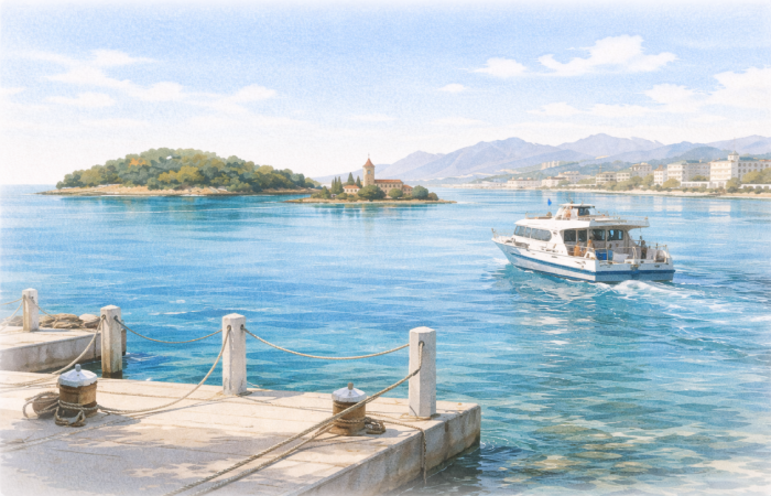 Départ en bateau depuis le port de Cannes vers l'île Saint-Honorat, mer calme et horizon lumineux