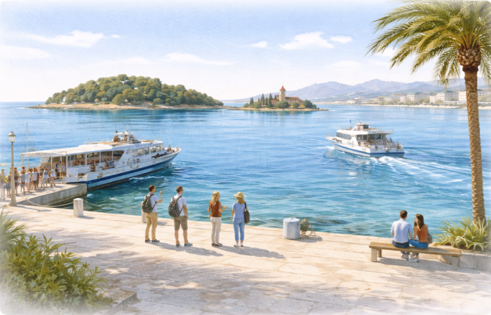 Attente au quai de Cannes avant embarquement vers les ïles de lérins.