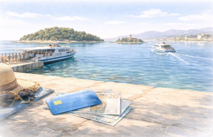 Carte bancaire et billets sur quai de Cannes, navettes vers ïles de lérins Cannes accessibles