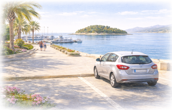 Voiture garée près du port de Cannes, accès facile au quai pour embarquer vers les îles de Lérins