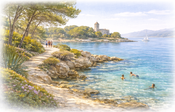 Activités variées aux îles de Lérins, baignade en crique, balade côtière et patrimoine naturel face à la mer