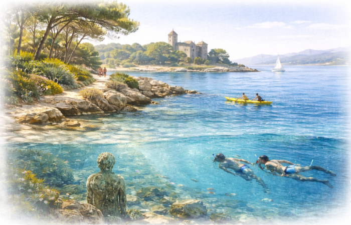 Activités variées aux îles de Lérins, snorkeling, kayak, sentiers côtiers et patrimoine historique face à la baie de Cannes