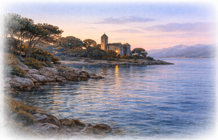 Crépuscule paisible sur l’abbaye de Saint-Honorat, îles de Lérins calmes, mer immobile et lumières douces