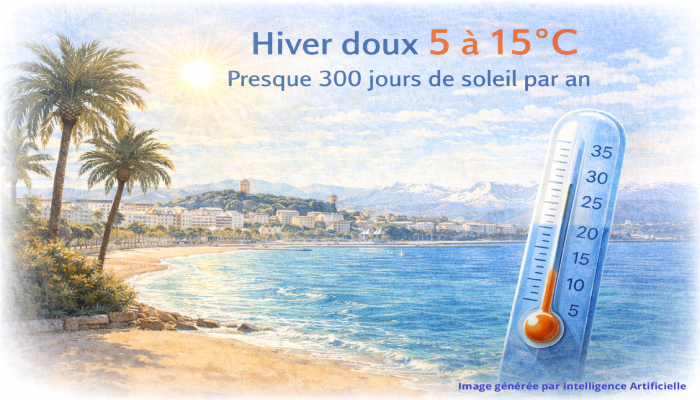 **Balise ALT :** Climat méditerranéen à Cannes en hiver, soleil, mer calme et températures douces idéales pour courir toute l’année