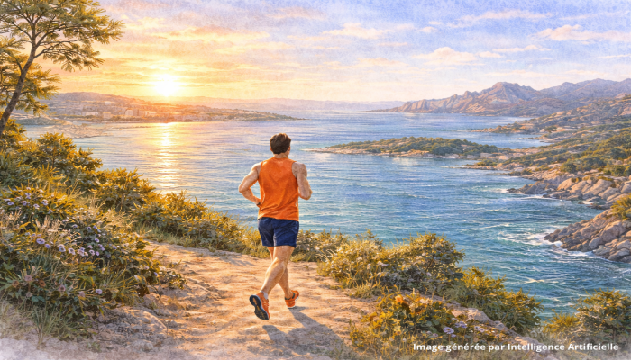 Running face à la baie de Cannes au lever du soleil, panorama méditerranéen et reliefs de l’Estérel en arrière-plan