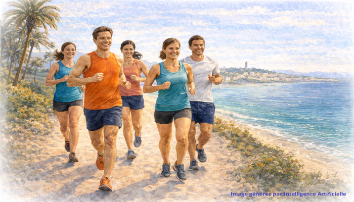 Groupe de runners courant ensemble à Cannes, ambiance conviviale sur sentier côtier face à la Méditerranée
