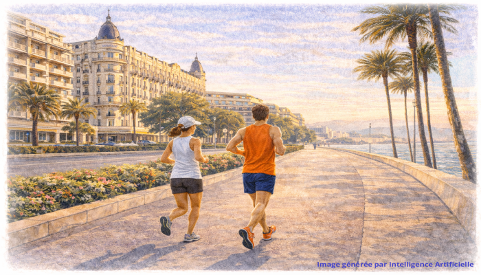 Runner sur la Croisette à Cannes, palaces emblématiques en arrière-plan, ambiance prestigieuse et promenade côtière
