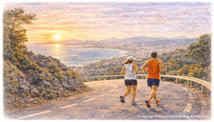 Runners gravissant les hauteurs de la Californie à Cannes, panorama spectaculaire sur la baie et la Méditerranée