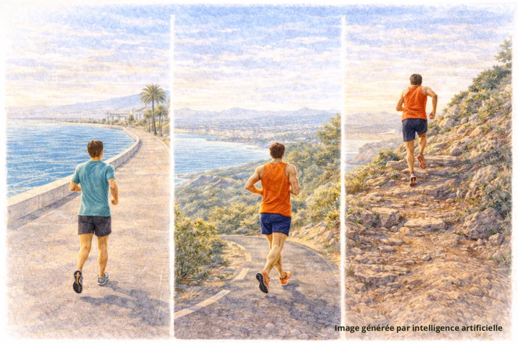 Progression des parcours running à Cannes selon le niveau, bord de mer, sentiers vallonnés et reliefs techniques en hauteur