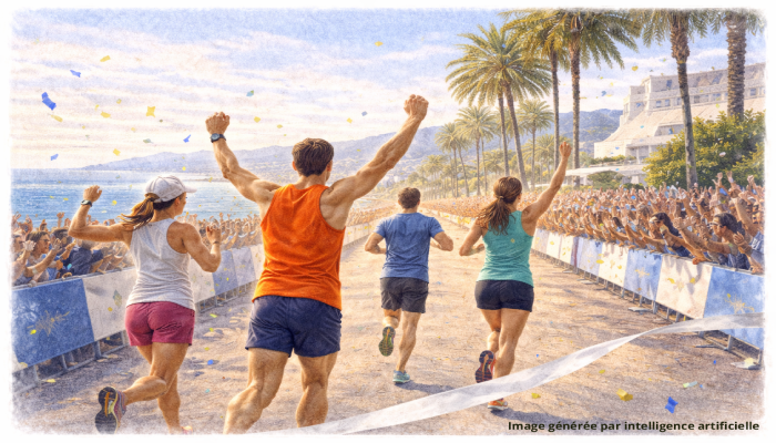 Arrivée de course à Cannes sur la Croisette, runners victorieux, public en fête et Méditerranée en toile de fond