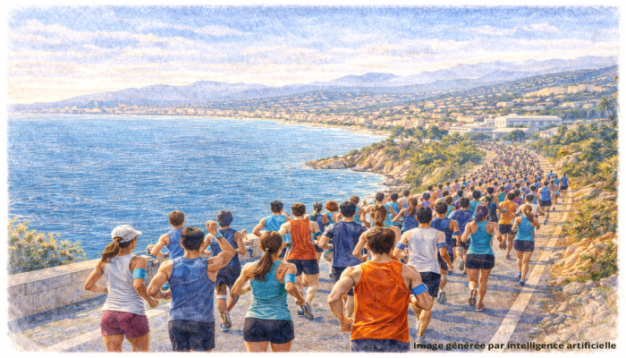 Coureurs du marathon Nice-Cannes longeant la Méditerranée, peloton en mouvement sur route côtière face à la mer
