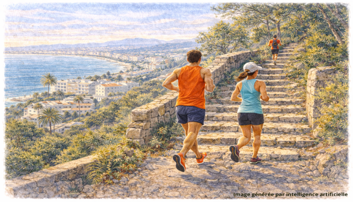 Trailers gravissant les escaliers de la Croix des Gardes à Cannes, panorama urbain et baie méditerranéenne en arrière-plan