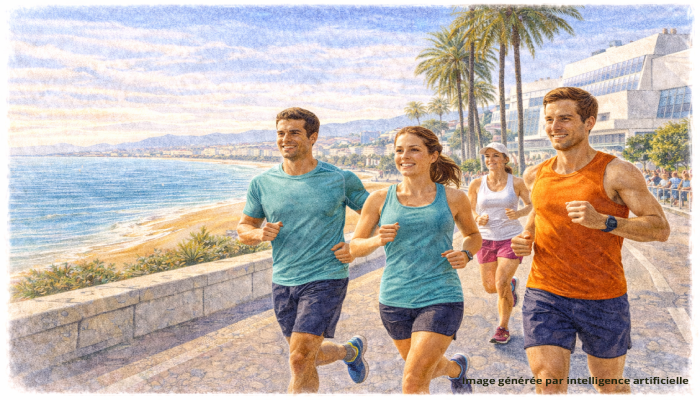 Semi-marathon de Cannes sur la Croisette, runners en bord de mer face à la Méditerranée et palmiers emblématiques