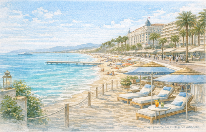 Établissements balnéaires de la Croisette avec transats et palaces face à la mer Méditerranée