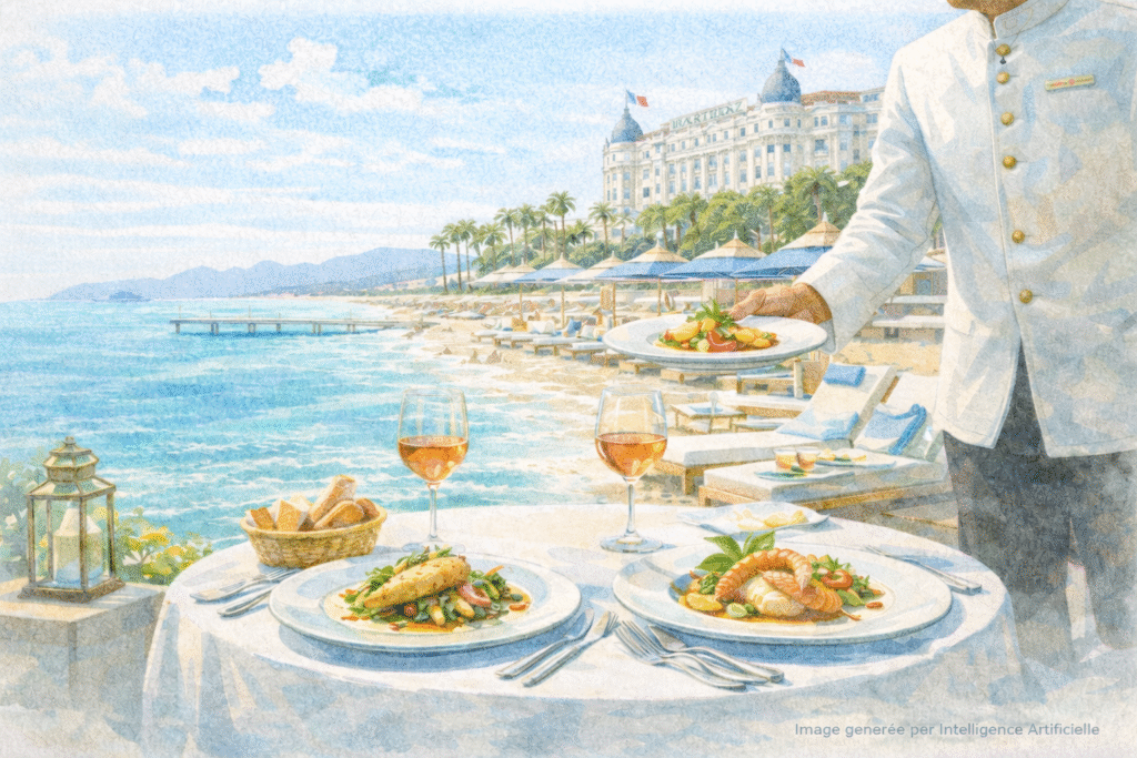 Plages privées à Cannes, déjeuner gastronomique les pieds dans le sable face à la mer Méditerranée