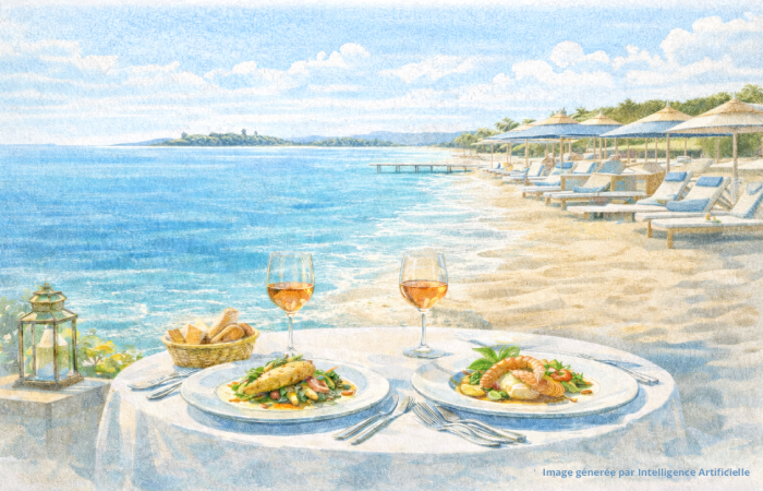 Plages privées à Cannes avec vue sur les îles de Lérins, table gastronomique en bord de mer et ambiance luxe
