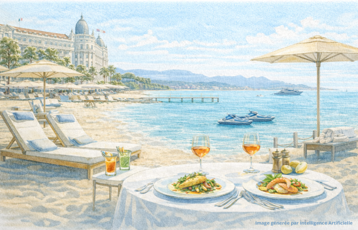 Plages privées à Cannes, ambiance chic et transats face aux îles de Lérins et au massif de l’Estérel