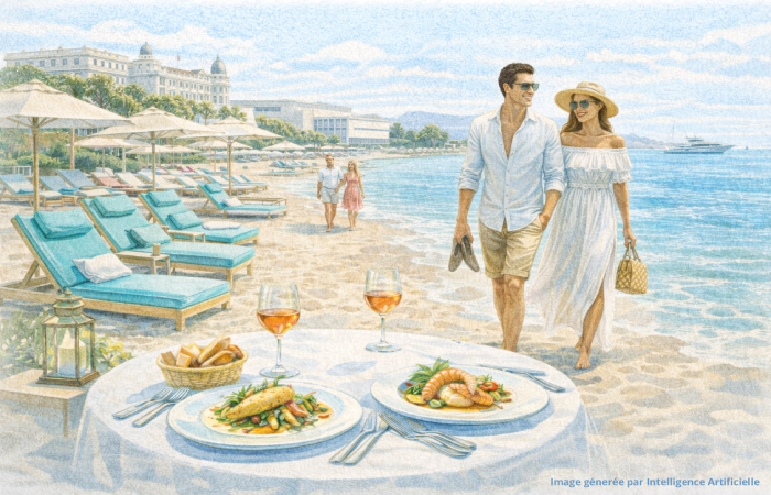 Plages privées à Cannes, jet set se promenant au bord de l’eau sur la Croisette, ambiance yacht et luxe