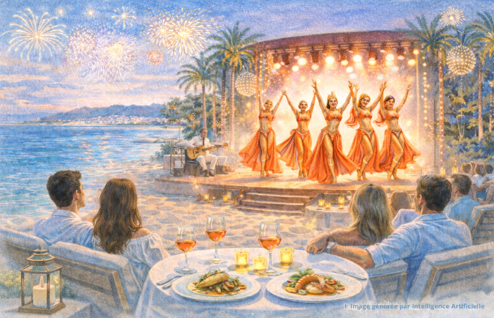 Plages privées à Cannes, dîner-spectacle en bord de mer avec danseuses et vacanciers profitant d’une soirée festive