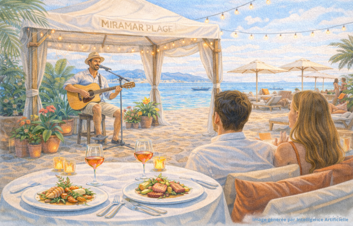 Plages privées à Cannes, ambiance Miramar Plage avec chanteur à la guitare sous tente blanche face à la mer
