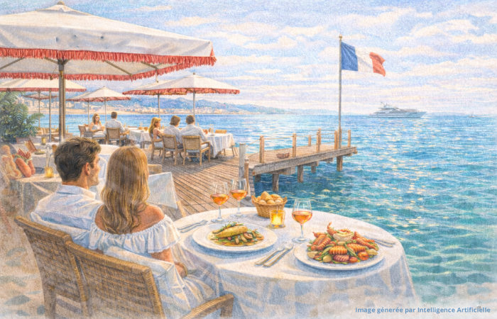 Plages privées à Cannes, dîner sur ponton face à la Méditerranée sous parasols blancs à franges rouges