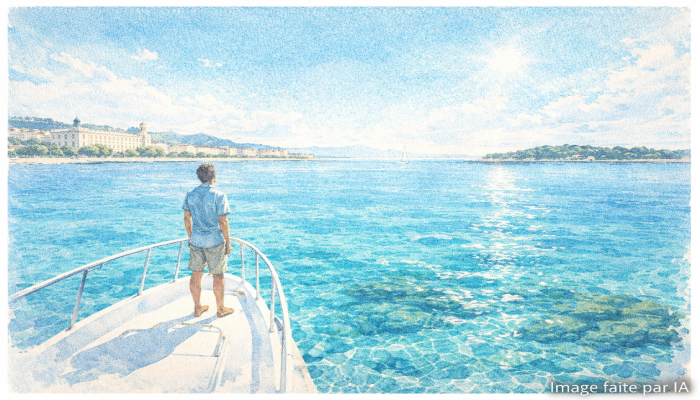 Homme sur bateau face mer turquoise, activités nautiques à Cannes et îles de Lérins