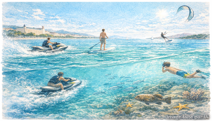 Montage des activités nautiques à Cannes avec jet-ski, paddle, plongée et kitesurf en baie turquoise
