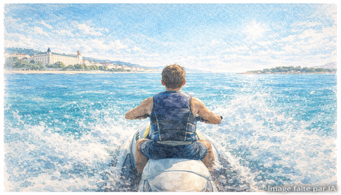Jet-ski face à la Croisette, activités nautiques à Cannes, vitesse et éclaboussures matinales