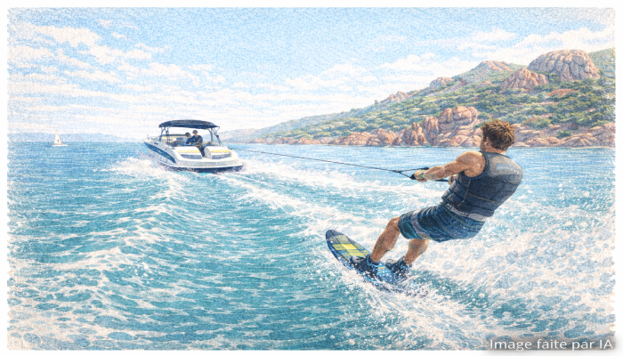 Wakeboarder tracté face à l’Esterel, activités nautiques à Cannes dynamiques et ensoleillées