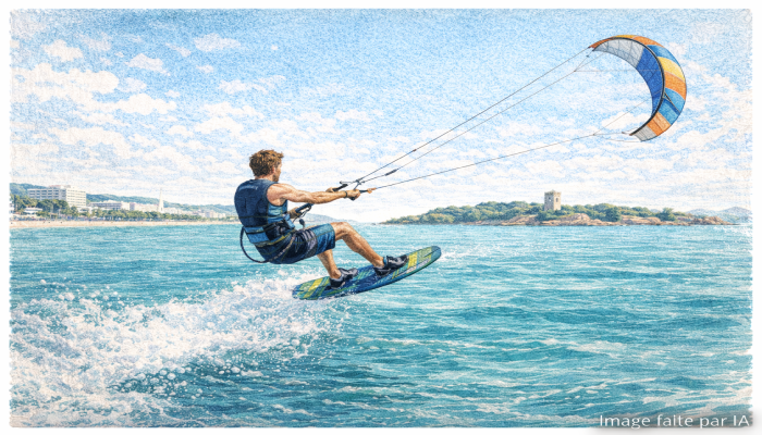 Kitesurfeur survolant la baie, activités nautiques à Cannes face aux îles de Lérins